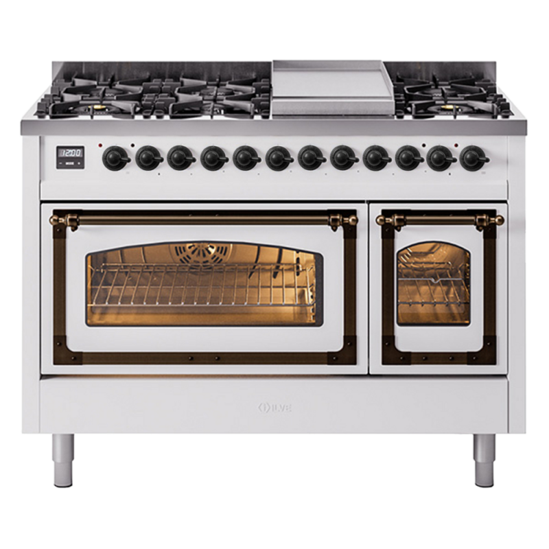 Nostalgie II Noblesse 48″ Dual Fuel Range  (8 Sealed Burners + Griddle, Natural Gas, Triple Glass Door, White, Burnished) UN48FNMPWHB