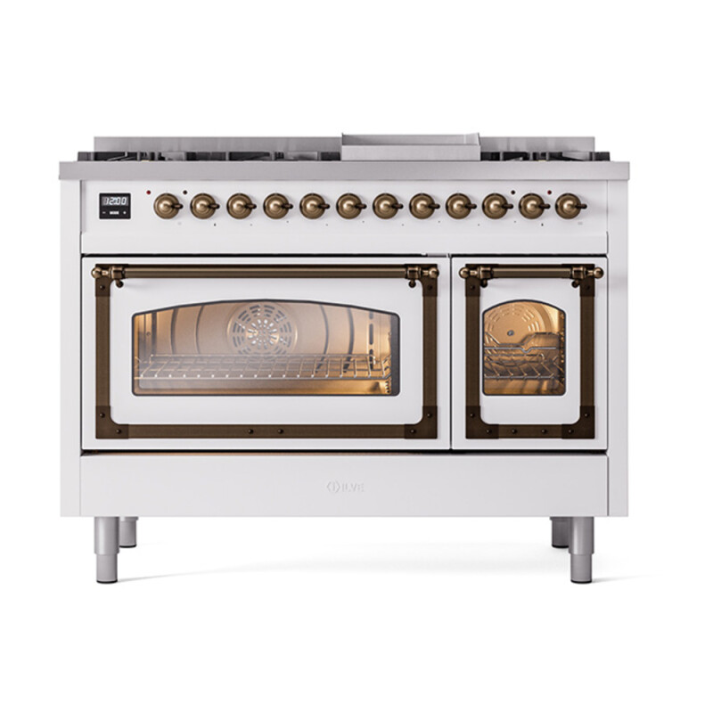 Nostalgie II Noblesse 48″ Dual Fuel Range  (8 Sealed Burners + Griddle, Natural Gas, Triple Glass Door, White, Burnished) UN48FNMPWHB