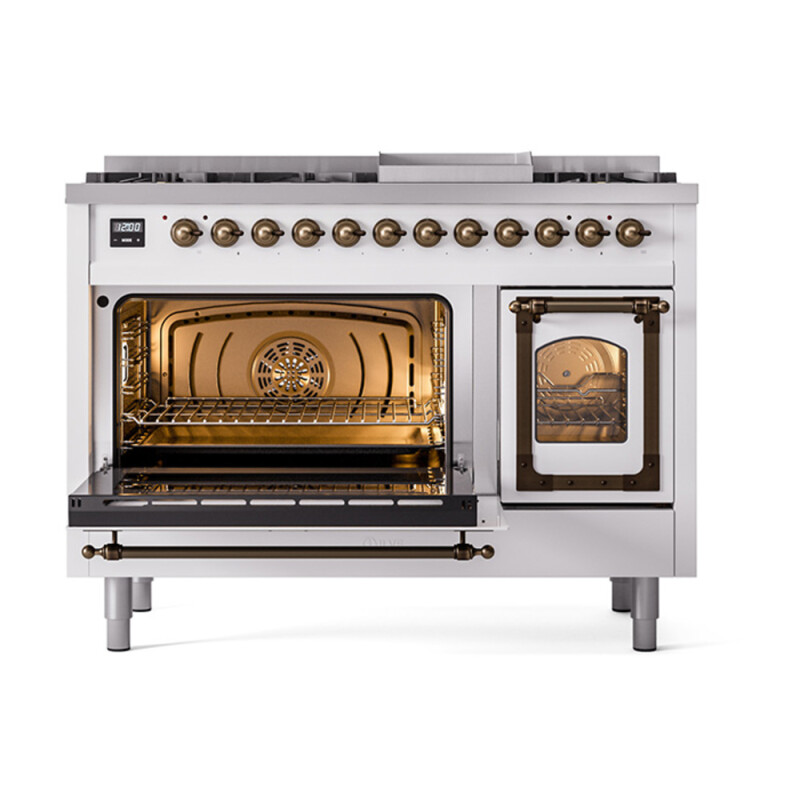 Nostalgie II Noblesse 48″ Dual Fuel Range  (8 Sealed Burners + Griddle, Natural Gas, Triple Glass Door, White, Burnished) UN48FNMPWHB