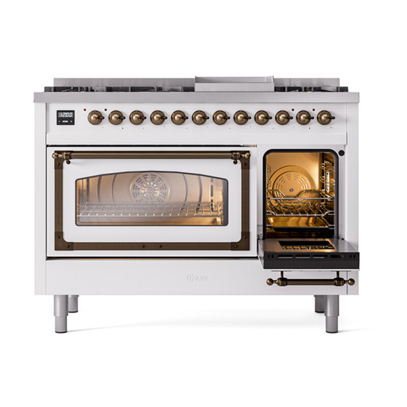 Nostalgie II Noblesse 48″ Dual Fuel Range  (8 Sealed Burners + Griddle, Natural Gas, Triple Glass Door, White, Burnished) UN48FNMPWHB