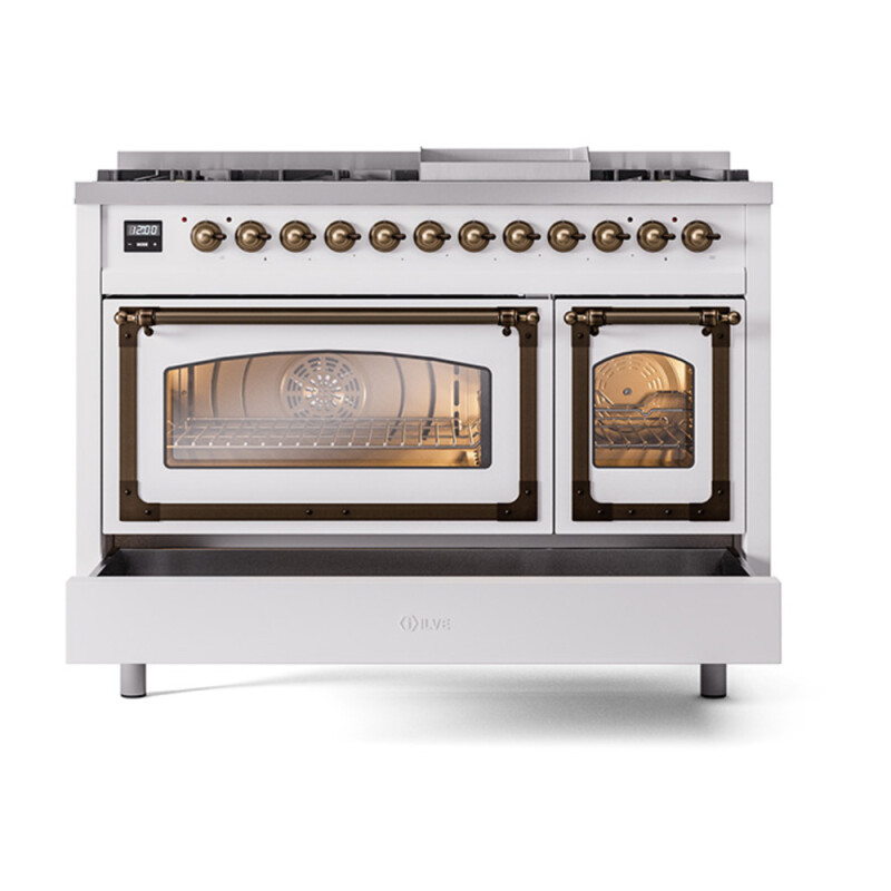 Nostalgie II Noblesse 48″ Dual Fuel Range  (8 Sealed Burners + Griddle, Natural Gas, Triple Glass Door, White, Burnished) UN48FNMPWHB