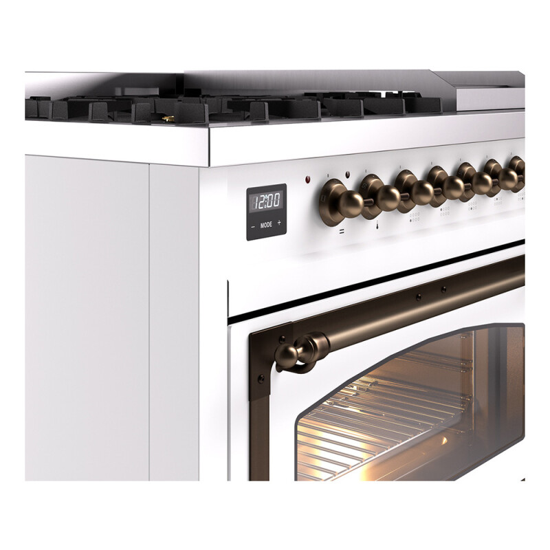 Nostalgie II Noblesse 48″ Dual Fuel Range  (8 Sealed Burners + Griddle, Natural Gas, Triple Glass Door, White, Burnished) UN48FNMPWHB