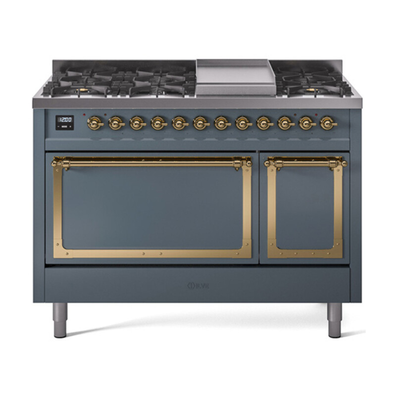 Nostalgie II Noblesse 48″ Dual Fuel Range (8 Sealed Burners + Griddle, Natural Gas, Solid Door, Blue Grey, Brass) UN48FQNMPBGG
