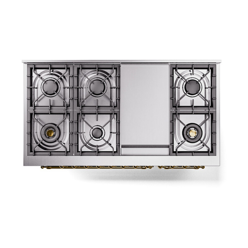 Nostalgie II Noblesse 48″ Dual Fuel Range (8 Sealed Burners + Griddle, Natural Gas, Solid Door, Blue Grey, Brass) UN48FQNMPBGG