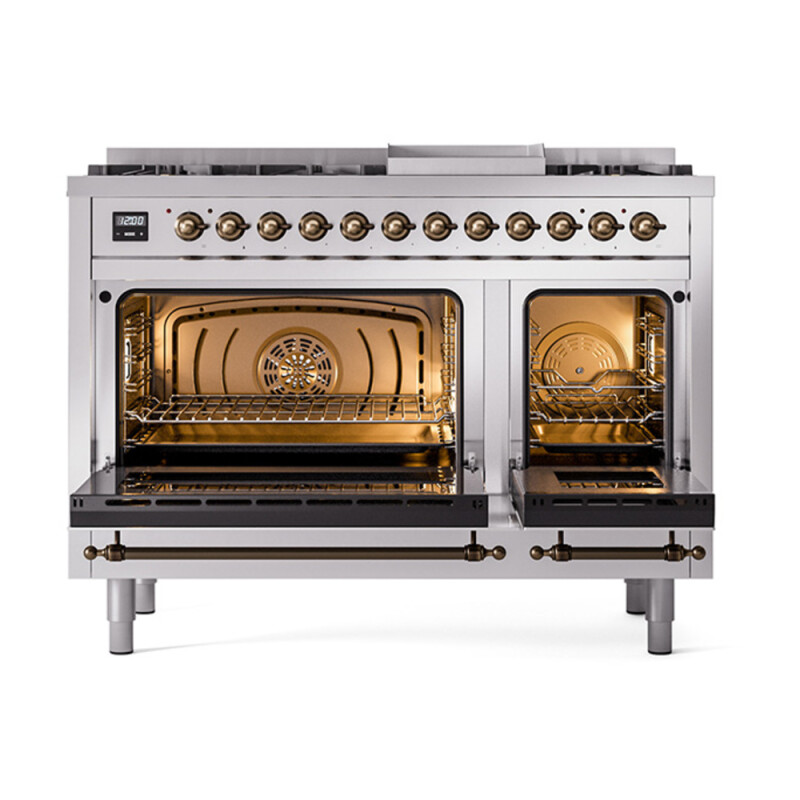 Nostalgie II Noblesse 48″ Dual Fuel Range (8 Sealed Burners + Griddle, Natural Gas, Solid Door, Stainless Steel, Burnished) UN48FQNMPSSB