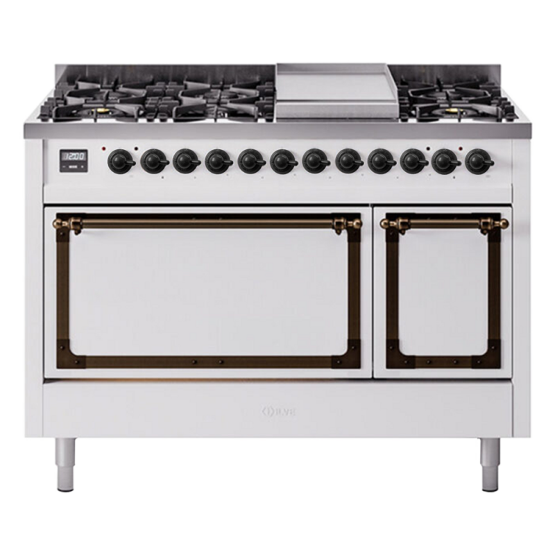 Nostalgie II Noblesse 48″ Dual Fuel Range (8 Sealed Burners + Griddle, Natural Gas, Solid Door, White, Burnished) UN48FQNMPWHB