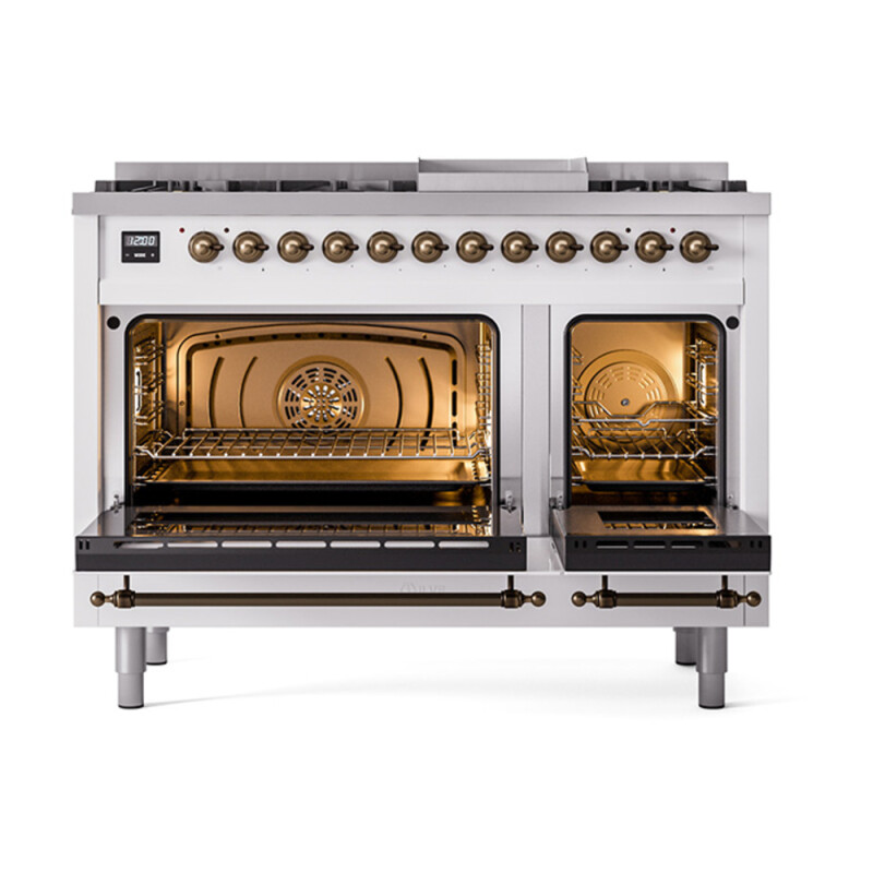 Nostalgie II Noblesse 48″ Dual Fuel Range (8 Sealed Burners + Griddle, Natural Gas, Solid Door, White, Burnished) UN48FQNMPWHB