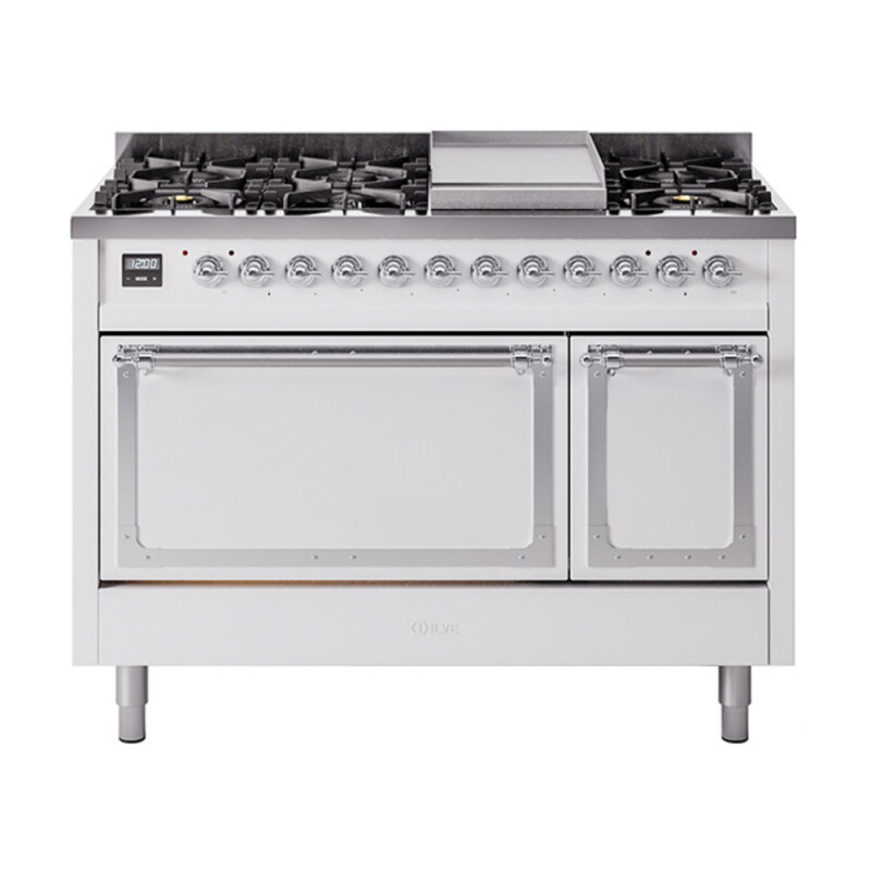 Nostalgie II Noblesse 48″ Dual Fuel Range (8 Sealed Burners + Griddle, Natural Gas, Solid Door, White, Chrome) UN48FQNMPWHC