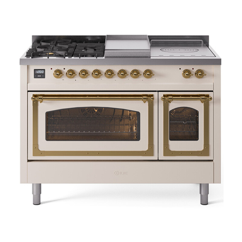 Nostalgie II Noblesse 48″ Dual Fuel Range (5 Sealed Burners + Griddle + French Top, Natural Gas, Triple Glass Door, Antique White, Brass) UN48FSNMPAWG