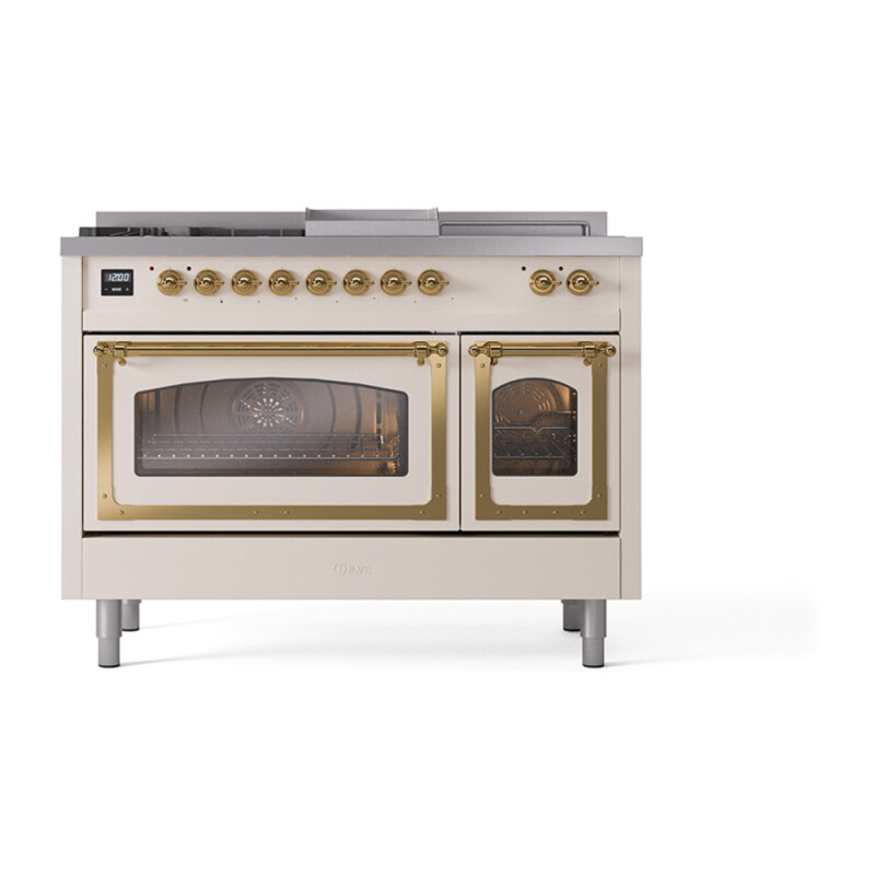 Nostalgie II Noblesse 48″ Dual Fuel Range (5 Sealed Burners + Griddle + French Top, Natural Gas, Triple Glass Door, Antique White, Brass) UN48FSNMPAWG
