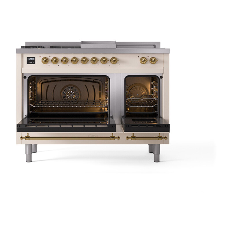 Nostalgie II Noblesse 48″ Dual Fuel Range (5 Sealed Burners + Griddle + French Top, Natural Gas, Triple Glass Door, Antique White, Brass) UN48FSNMPAWG