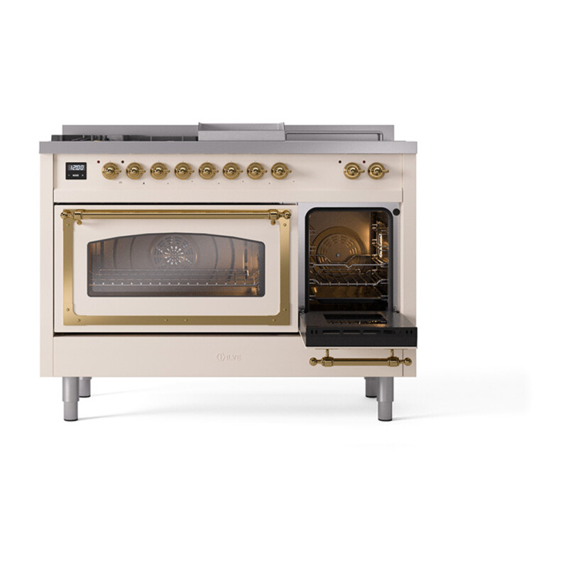Nostalgie II Noblesse 48″ Dual Fuel Range (5 Sealed Burners + Griddle + French Top, Natural Gas, Triple Glass Door, Antique White, Brass) UN48FSNMPAWG