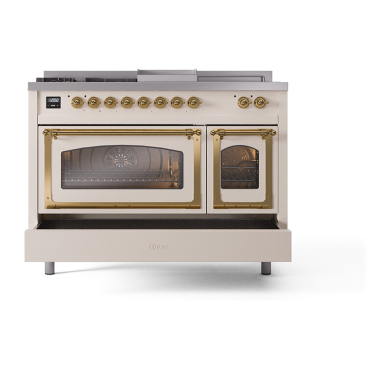 Nostalgie II Noblesse 48″ Dual Fuel Range (5 Sealed Burners + Griddle + French Top, Natural Gas, Triple Glass Door, Antique White, Brass) UN48FSNMPAWG