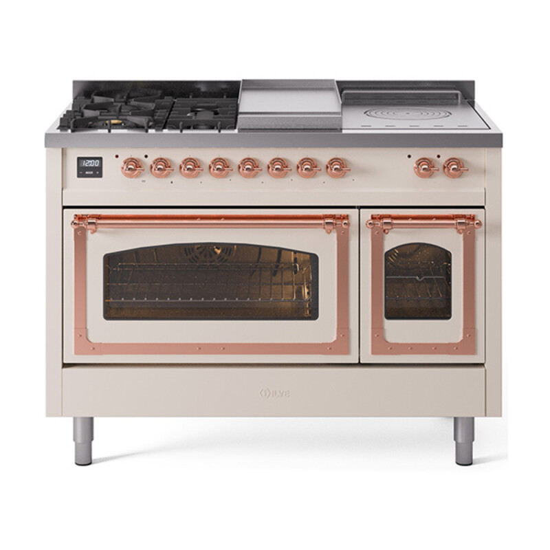 Nostalgie II Noblesse 48″ Dual Fuel Range (5 Sealed Burners + Griddle + French Top, Natural Gas, Triple Glass Door, Antique White, Copper) UN48FSNMPAWP
