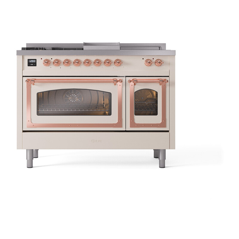 Nostalgie II Noblesse 48″ Dual Fuel Range (5 Sealed Burners + Griddle + French Top, Natural Gas, Triple Glass Door, Antique White, Copper) UN48FSNMPAWP