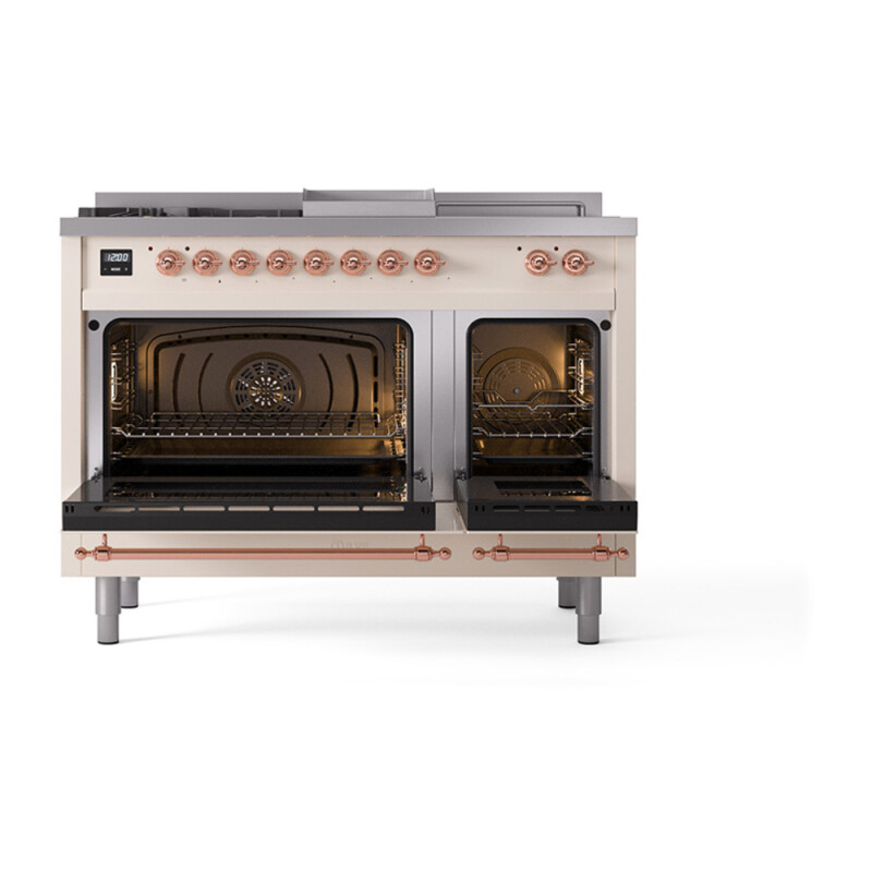 Nostalgie II Noblesse 48″ Dual Fuel Range (5 Sealed Burners + Griddle + French Top, Natural Gas, Triple Glass Door, Antique White, Copper) UN48FSNMPAWP