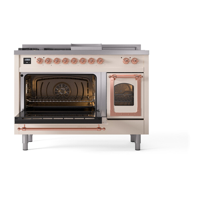 Nostalgie II Noblesse 48″ Dual Fuel Range (5 Sealed Burners + Griddle + French Top, Natural Gas, Triple Glass Door, Antique White, Copper) UN48FSNMPAWP
