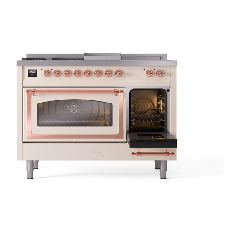 Nostalgie II Noblesse 48″ Dual Fuel Range (5 Sealed Burners + Griddle + French Top, Natural Gas, Triple Glass Door, Antique White, Copper) UN48FSNMPAWP