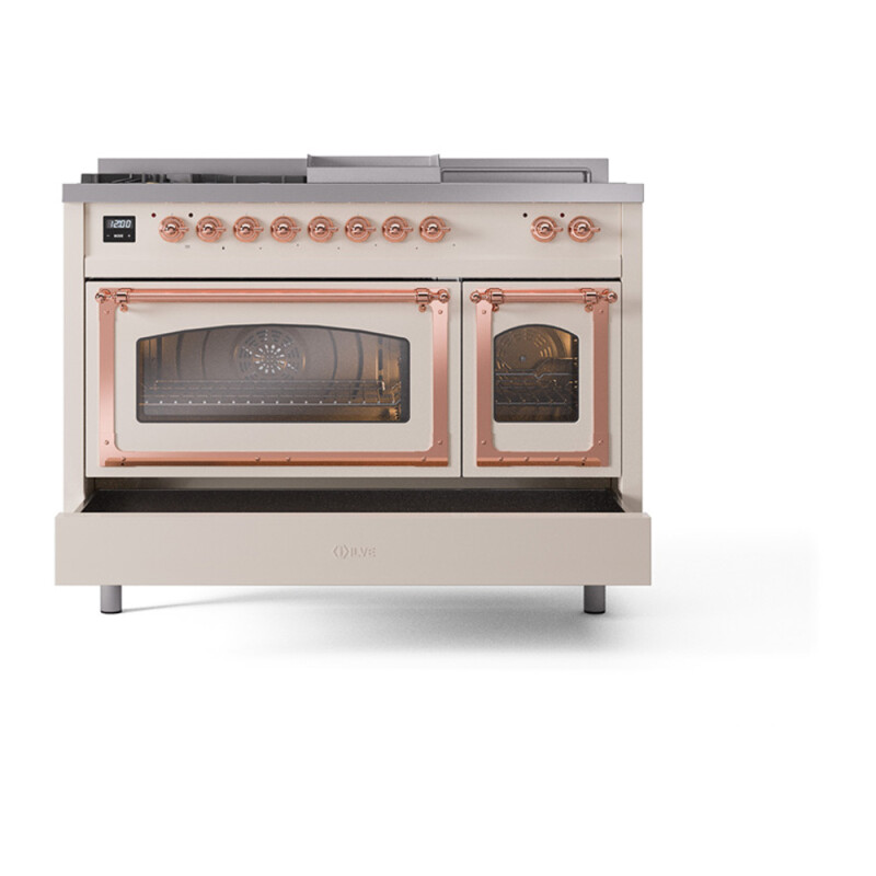 Nostalgie II Noblesse 48″ Dual Fuel Range (5 Sealed Burners + Griddle + French Top, Natural Gas, Triple Glass Door, Antique White, Copper) UN48FSNMPAWP