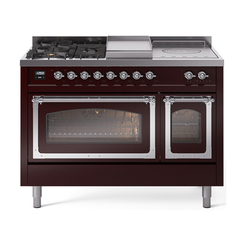 Nostalgie II Noblesse 48″ Dual Fuel Range (5 Sealed Burners + Griddle + French Top, Natural Gas, Triple Glass Door, Burgundy, Chrome) UN48FSNMPBUC