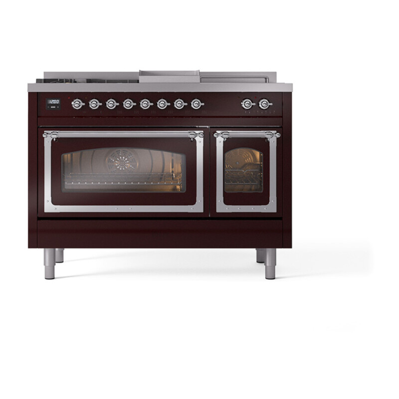 Nostalgie II Noblesse 48″ Dual Fuel Range (5 Sealed Burners + Griddle + French Top, Natural Gas, Triple Glass Door, Burgundy, Chrome) UN48FSNMPBUC
