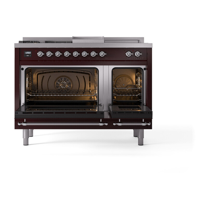 Nostalgie II Noblesse 48″ Dual Fuel Range (5 Sealed Burners + Griddle + French Top, Natural Gas, Triple Glass Door, Burgundy, Chrome) UN48FSNMPBUC