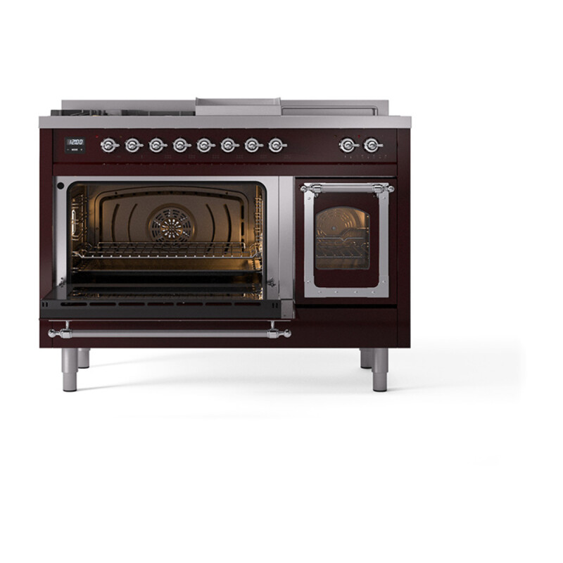 Nostalgie II Noblesse 48″ Dual Fuel Range (5 Sealed Burners + Griddle + French Top, Natural Gas, Triple Glass Door, Burgundy, Chrome) UN48FSNMPBUC