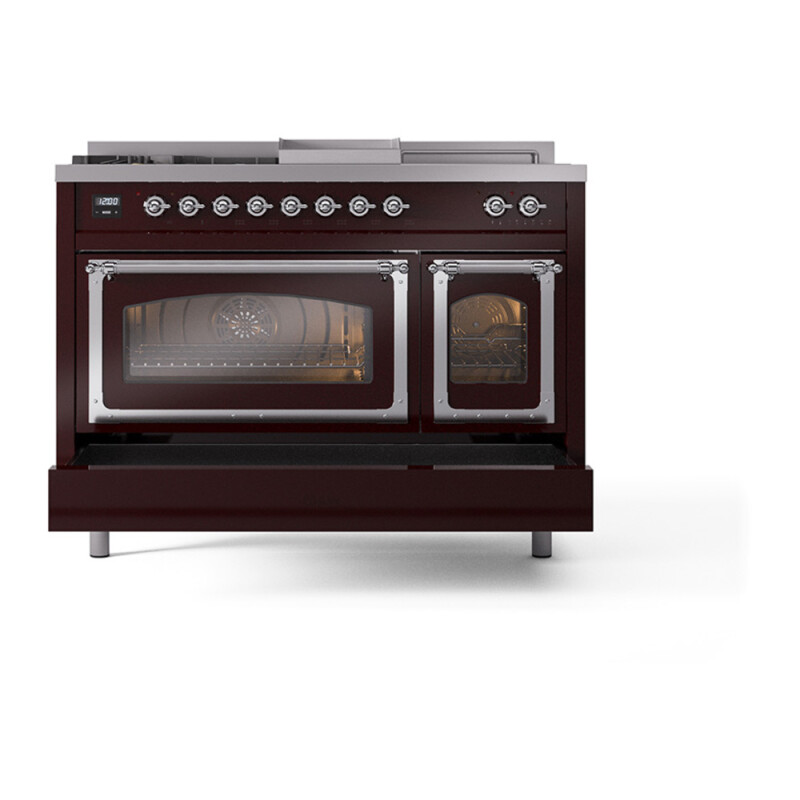 Nostalgie II Noblesse 48″ Dual Fuel Range (5 Sealed Burners + Griddle + French Top, Natural Gas, Triple Glass Door, Burgundy, Chrome) UN48FSNMPBUC