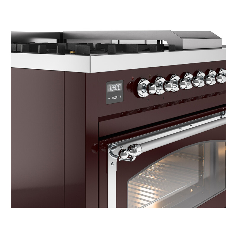 Nostalgie II Noblesse 48″ Dual Fuel Range (5 Sealed Burners + Griddle + French Top, Natural Gas, Triple Glass Door, Burgundy, Chrome) UN48FSNMPBUC
