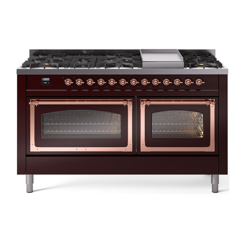 Nostalgie II Noblesse 60″ Dual Fuel Range (9 Sealed Burners + Griddle, Liquid Propane, Triple Glass Door, Burgundy, Copper) UN60FNMPBUPLP