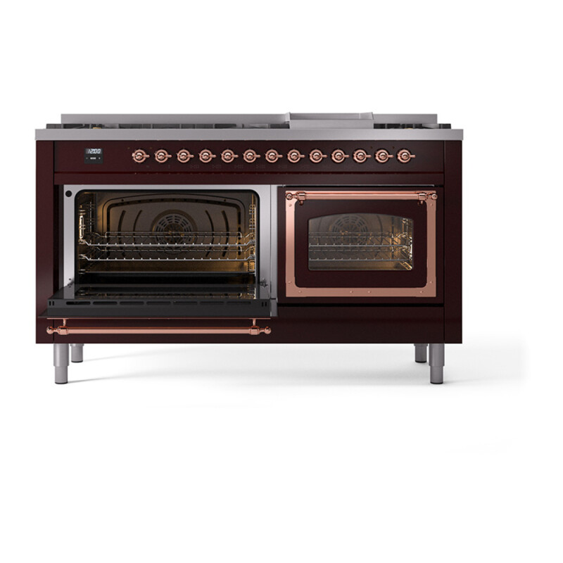 Nostalgie II Noblesse 60″ Dual Fuel Range (9 Sealed Burners + Griddle, Liquid Propane, Triple Glass Door, Burgundy, Copper) UN60FNMPBUPLP