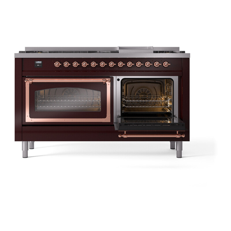 Nostalgie II Noblesse 60″ Dual Fuel Range (9 Sealed Burners + Griddle, Liquid Propane, Triple Glass Door, Burgundy, Copper) UN60FNMPBUPLP