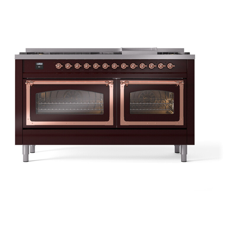 Nostalgie II Noblesse 60″ Dual Fuel Range (9 Sealed Burners + Griddle, Liquid Propane, Triple Glass Door, Burgundy, Copper) UN60FNMPBUPLP