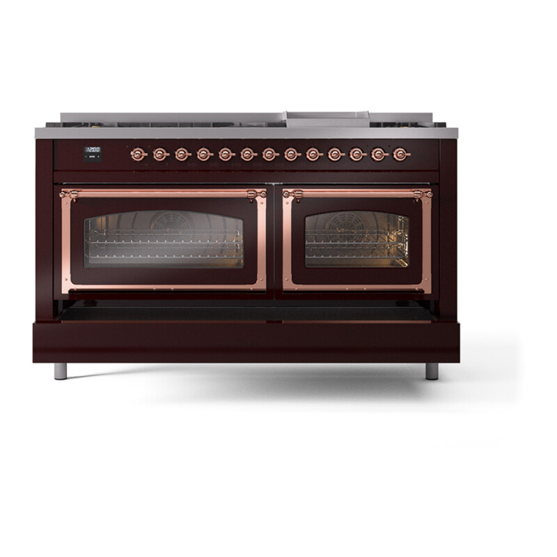 Nostalgie II Noblesse 60″ Dual Fuel Range (9 Sealed Burners + Griddle, Liquid Propane, Triple Glass Door, Burgundy, Copper) UN60FNMPBUPLP