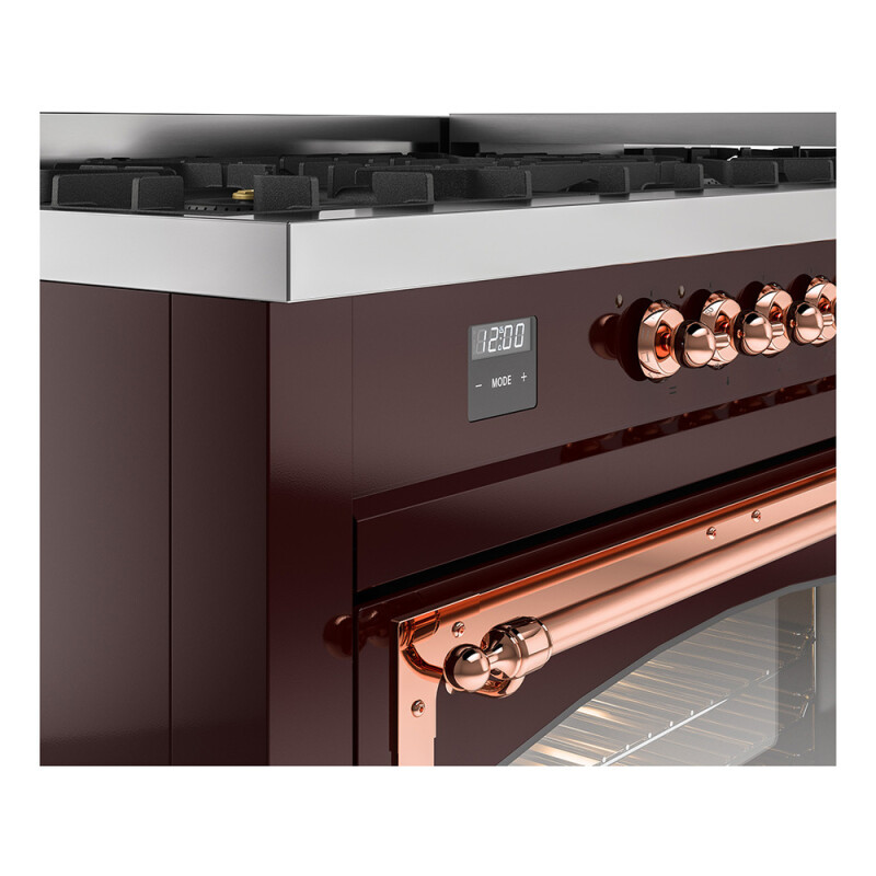 Nostalgie II Noblesse 60″ Dual Fuel Range (9 Sealed Burners + Griddle, Liquid Propane, Triple Glass Door, Burgundy, Copper) UN60FNMPBUPLP