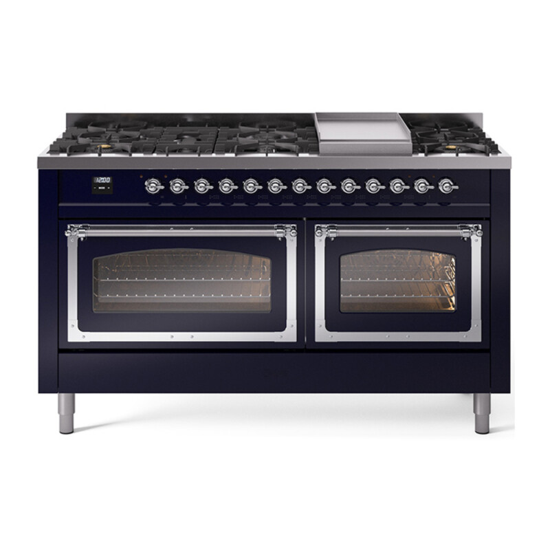 Nostalgie II Noblesse 60″ Dual Fuel Range      (9 Sealed Burners + Griddle, Natural Gas, Triple Glass Door, Midnight Blue, Chrome) UN60FNMPMBC