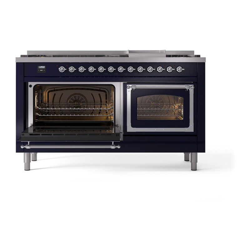 Nostalgie II Noblesse 60″ Dual Fuel Range      (9 Sealed Burners + Griddle, Natural Gas, Triple Glass Door, Midnight Blue, Chrome) UN60FNMPMBC