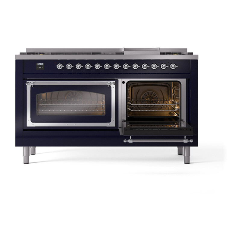 Nostalgie II Noblesse 60″ Dual Fuel Range      (9 Sealed Burners + Griddle, Natural Gas, Triple Glass Door, Midnight Blue, Chrome) UN60FNMPMBC