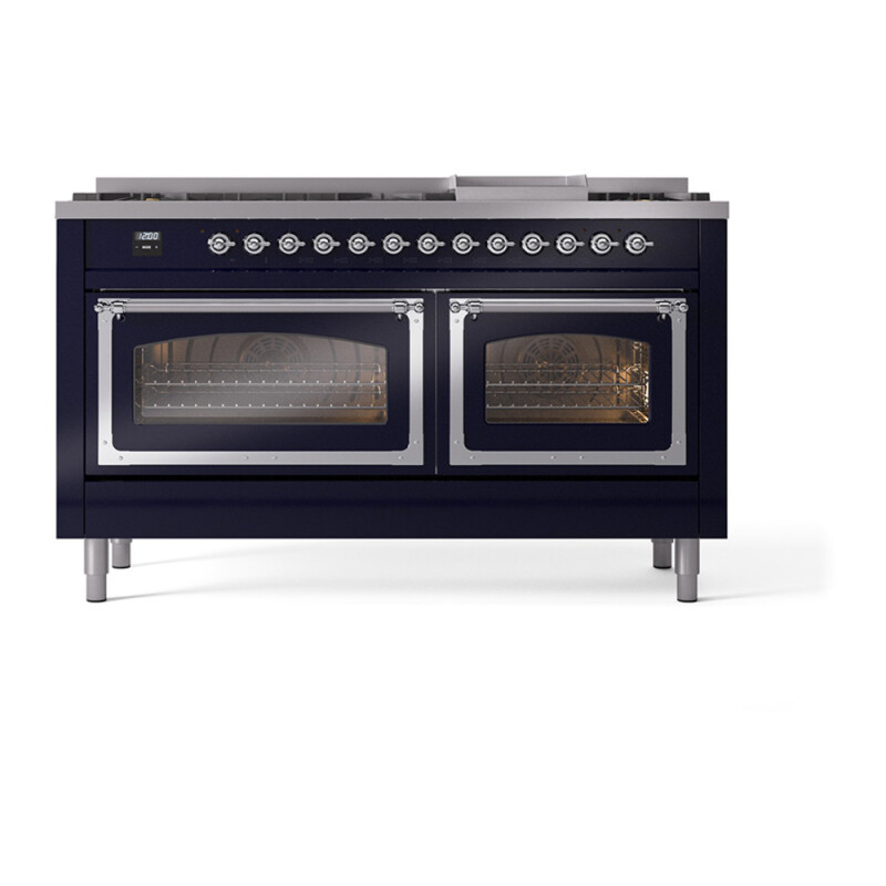 Nostalgie II Noblesse 60″ Dual Fuel Range      (9 Sealed Burners + Griddle, Natural Gas, Triple Glass Door, Midnight Blue, Chrome) UN60FNMPMBC