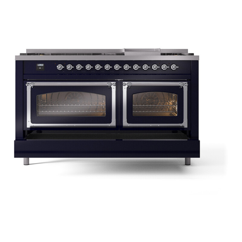 Nostalgie II Noblesse 60″ Dual Fuel Range      (9 Sealed Burners + Griddle, Natural Gas, Triple Glass Door, Midnight Blue, Chrome) UN60FNMPMBC