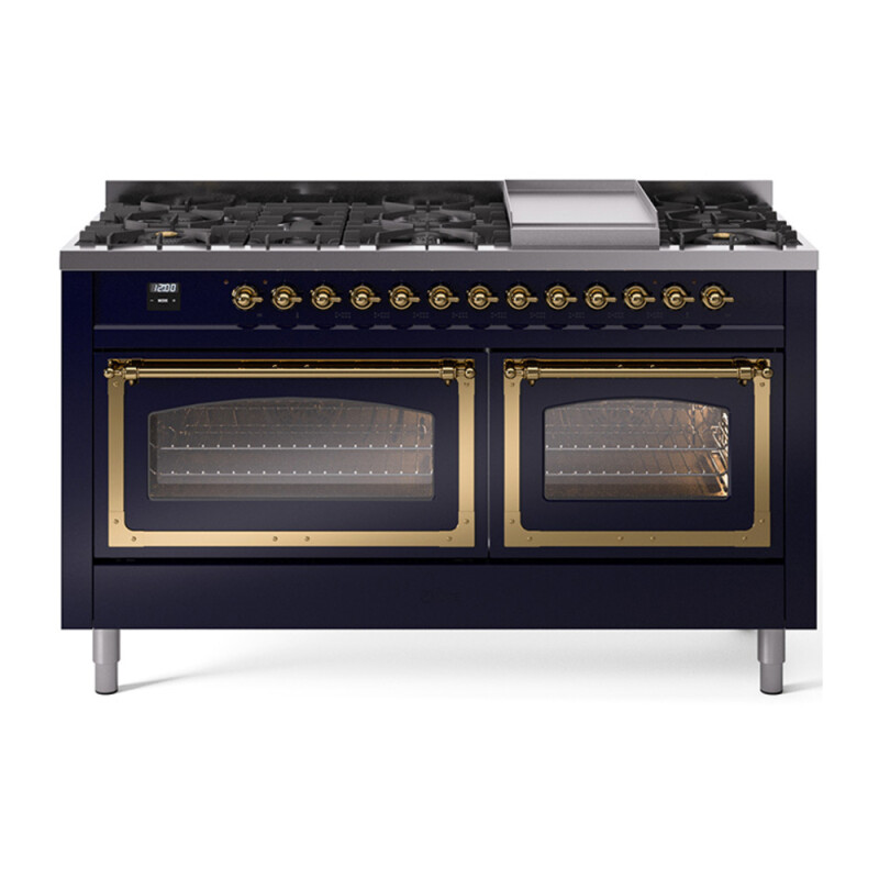 Nostalgie II Noblesse 60″ Dual Fuel Range (9 Sealed Burners + Griddle, Natural Gas, Triple Glass Door, Midnight Blue, Brass) UN60FNMPMBG
