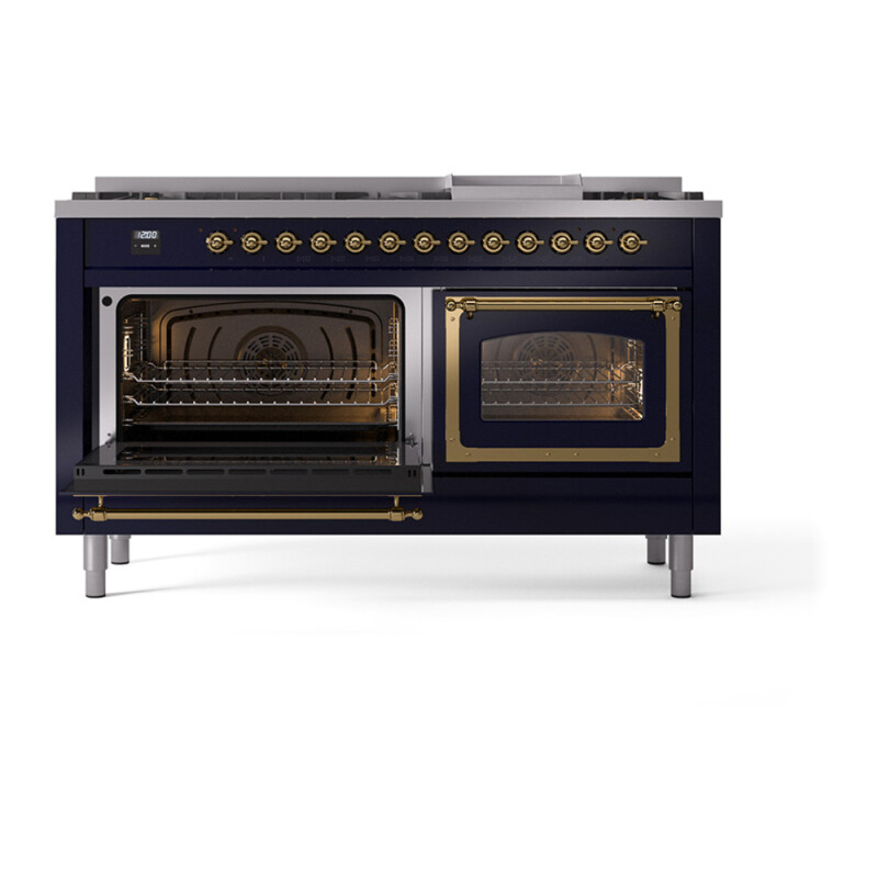 Nostalgie II Noblesse 60″ Dual Fuel Range (9 Sealed Burners + Griddle, Natural Gas, Triple Glass Door, Midnight Blue, Brass) UN60FNMPMBG