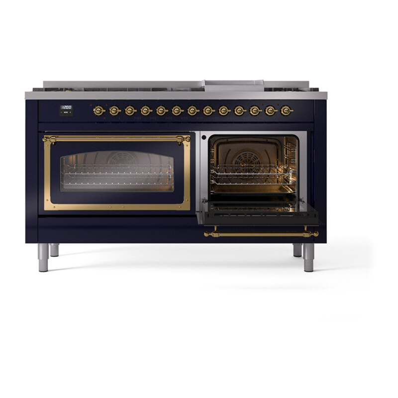 Nostalgie II Noblesse 60″ Dual Fuel Range (9 Sealed Burners + Griddle, Natural Gas, Triple Glass Door, Midnight Blue, Brass) UN60FNMPMBG