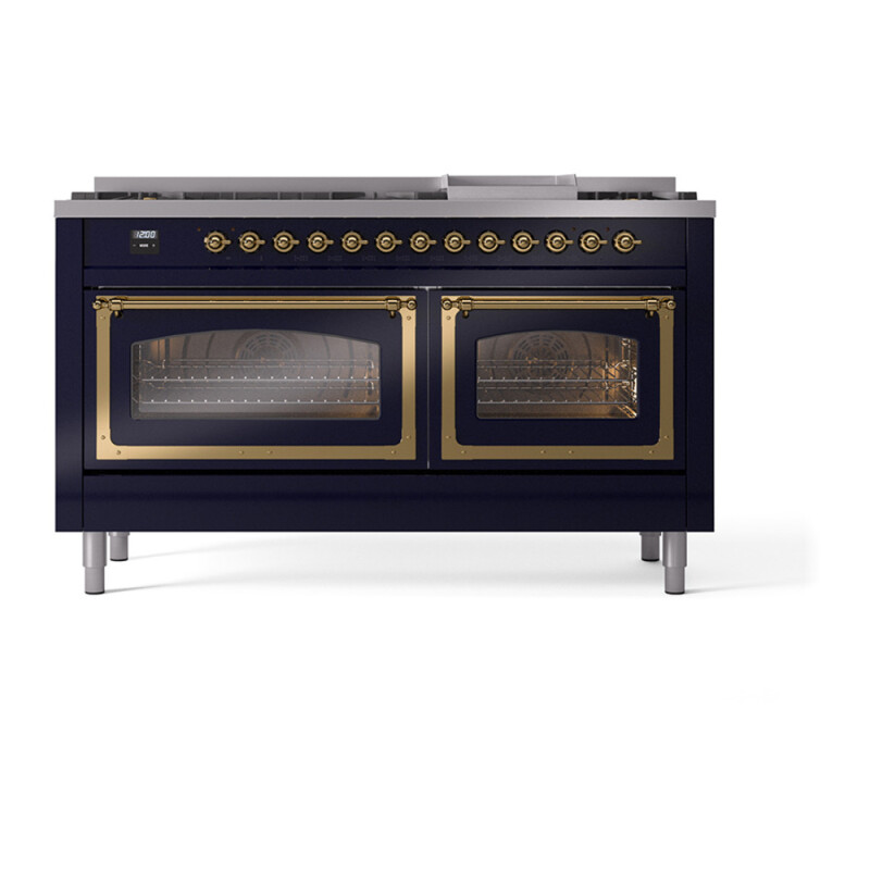 Nostalgie II Noblesse 60″ Dual Fuel Range (9 Sealed Burners + Griddle, Natural Gas, Triple Glass Door, Midnight Blue, Brass) UN60FNMPMBG
