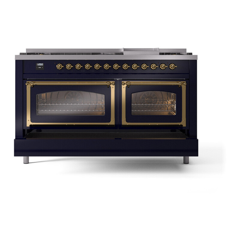 Nostalgie II Noblesse 60″ Dual Fuel Range (9 Sealed Burners + Griddle, Natural Gas, Triple Glass Door, Midnight Blue, Brass) UN60FNMPMBG
