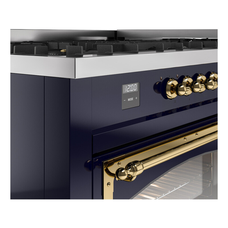 Nostalgie II Noblesse 60″ Dual Fuel Range (9 Sealed Burners + Griddle, Natural Gas, Triple Glass Door, Midnight Blue, Brass) UN60FNMPMBG