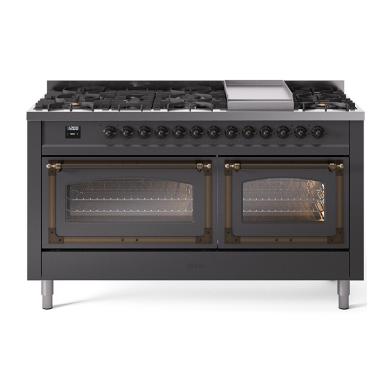 Nostalgie II Noblesse 60″ Dual Fuel Range (9 Sealed Burners + Griddle, Natural Gas, Triple Glass Door, Graphite Matte, Burnished) UN60FNMPMGB