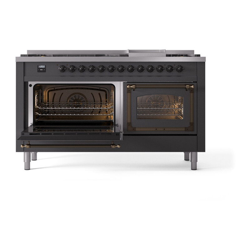 Nostalgie II Noblesse 60″ Dual Fuel Range (9 Sealed Burners + Griddle, Natural Gas, Triple Glass Door, Graphite Matte, Burnished) UN60FNMPMGB