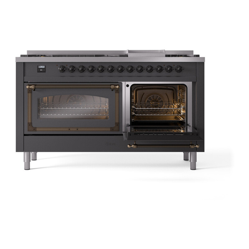 Nostalgie II Noblesse 60″ Dual Fuel Range (9 Sealed Burners + Griddle, Natural Gas, Triple Glass Door, Graphite Matte, Burnished) UN60FNMPMGB