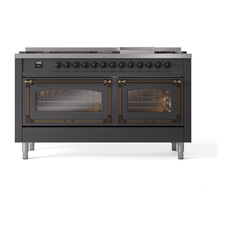 Nostalgie II Noblesse 60″ Dual Fuel Range (9 Sealed Burners + Griddle, Natural Gas, Triple Glass Door, Graphite Matte, Burnished) UN60FNMPMGB